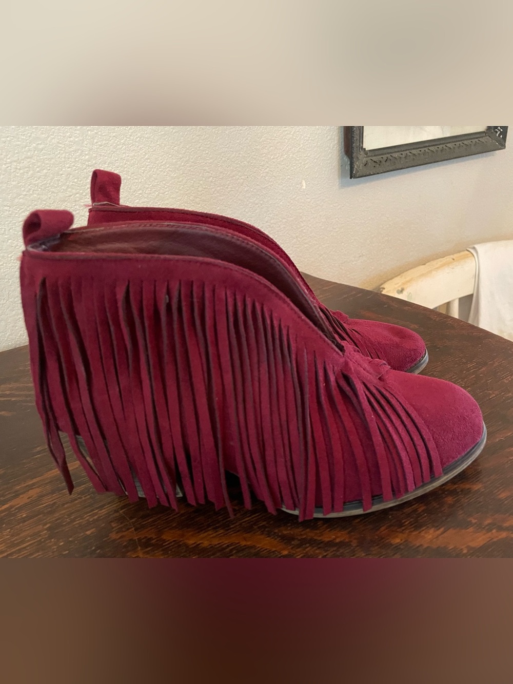 MATA Fringe Boots Burgundy Saddle Ankle Booties Women's 10